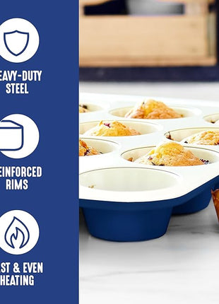GreenLife 12-Cup Muffin Pan, PFAS-Free Healthy Nonstick Baking Tray, 11.4" x 1.9" x 15.9", Durable Ceramic Bakeware, Cupcakes, Egg Bites, Tarts, Brownies, Blue