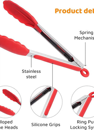 Popco 3 Piece Kitchen Tongs Set 7, 9, 12 Inch - Stainless Steel Nonstick Tongs with Silicone Tips - Heat Resistant and Dishwasher Safe for Cooking, Grilling, Salad, and Everyday Serving