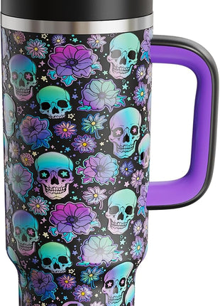 ENCOOL 40oz Halloween Tumbler with Handle and Straw, Stainless Steel Insulated Water Bottle with Straw, Leak-Proof, Cup Holder Friendly, Keeps Cold 24 H, Gifts for Women Men, Floral Afterlife