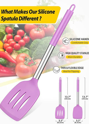 Pack of 2 Silicone Solid Turner, Non Stick Slotted Kitchen Spatulas, High Heat Resistant BPA Free Cooking Utensils, Ideal Cookware for Fish, Eggs, Pancakes(Purple)