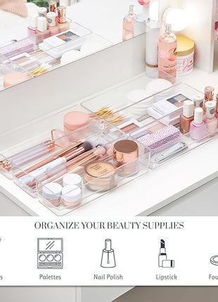 STORi SimpleSort 6-Piece Stackable Clear Drawer Organizer Set | 9" x 3" x 2" Rectangle Trays | Narrow Makeup Vanity Storage Bins and Office Desk Drawer Dividers | Made in USA