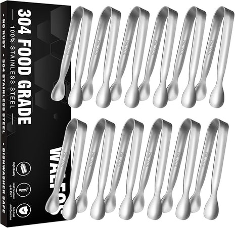 Walfos Mini Tongs for Serving Food, Small Stainless Steel Kitchen Tongs for Appetizers, Sugar, Desserts, Tea Party, Coffee Bar, Set of 12 (Silver)