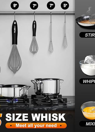 Walfos Whisk, Silicone Whisks Set of 5, Mini Stainless Steel Whisk 7in+5in and Non Scratch Coated 7+9+11in Whisks, Suitable for Blending, Whisking, Beating, Frothing & Stirring. (Grey)