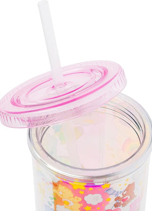Silver Buffalo Care Bears Rainbow Stars Featuring Funshine, Grumpy, Cheer, Tenderheart Iridescent Plastic Tall Cold Cup With Lid and Straw, 20 Ounces