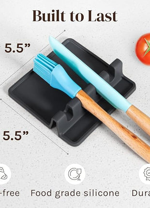 Black Silicone Spoon Rest for Stove Top with Drip Pad (Two Pack) - Heat-Resistant, BPA-Free Utensil Rest & Spoon Holder for Kitchen Counter - Grill Utensil Holder for Spatulas, Tongs, Ladles