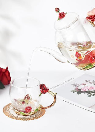 Enamel Glass Flower Tea Pot With Removable Loose Tea Leaf Infuser Tea Maker Teapot Set 30.4OZ Gifts for Women,Mom,Birthday