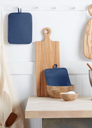 KitchenAid Ribbed Soft Silicone Pot Holder 2-Pack Set, Blue Willow, 7"x9"