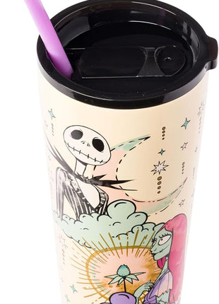 Silver Buffalo Disney Tim Burton's Nightmare Before Christmas “Forever and Always” Featuring Jack Skellington and Sally Double Walled Stainless Steel Tumbler with Straw, 22 Ounces