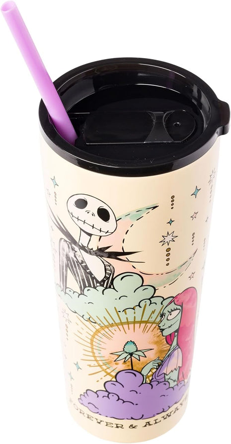 Silver Buffalo Disney Tim Burton's Nightmare Before Christmas “Forever and Always” Featuring Jack Skellington and Sally Double Walled Stainless Steel Tumbler with Straw, 22 Ounces