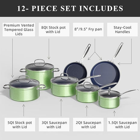Nuwave Healthy Duralon Blue Ceramic Nonstick Cookware Set, Diamond Infused Scratch-Resistant, PFAS Free, Dishwasher & Oven Safe, Induction Ready & Evenly Heats, Tempered Glass Lids & Stay-Cool Handles