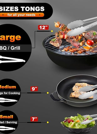 Walfos tongs for cooking, All Metal Kitchen Tongs 600℉ Heat Resistant, Heavy Duty Locking Tongs 2-piece 12 Inch