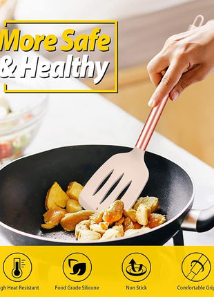 Pack of 4 Silicone Cooking Utensils Set, Non Stick Large Solid Spatulas, Heat Resistant Rose Gold Khaki Slotted Spoons, Ideal BPA Free Kitchen Turners for Frying, Mixing,Serving,Draining,Turning