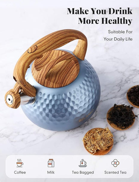 BELANKO 2.7 Quart Tea Kettle for Stovetop - Food Grade Stainless Steel with Diamond Texture, Designer Teapot Look, Cool-Touch Wood Pattern Handle, Whistling Spout - Glacier Blue