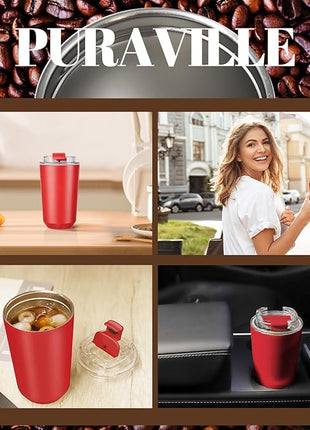 Puraville Insulated Tumblers with Lid, 14 oz Travel Coffee Mug Stainless Steel Vacuum Cup, Leak Proof Reusable Double Walled Coffee Tumbler for Iced and Hot Drinks, Red