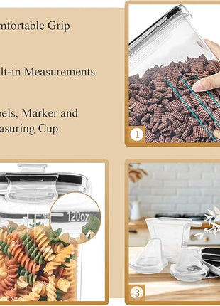 PRAKI Cereal Containers Storage Set (4L,135.2 Oz), 4PCS Airtight Food Storage Containers with Pour Spout for Kitchen & Pantry Organization Cereal Dispensers with 20 labels, Measuring Cup & Marker