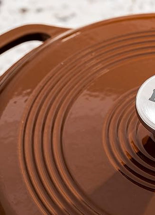 Lodge 6 Quart Enameled Cast Iron Dutch Oven with Lid – Dual Handles – Oven Safe up to 500° F or on Stovetop - Use to Marinate, Cook, Bake, Refrigerate and Serve – Burnt Sienna