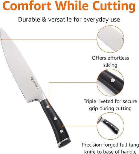 Amazon Basics Classic 8-inch Full Tang Stainless Steel Chef's Knife with Three Rivets, Silver