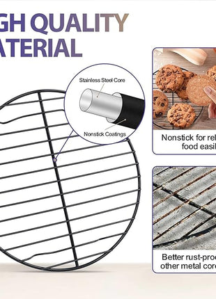 P&P CHEF Round Cooling Rack Set, Round Wire Racks for Cooking Baking, Fit Air Fryer & Oven, Stainless Steel Core with Nonstick Coatings, Black, 2 PCS - 7.5 Inch