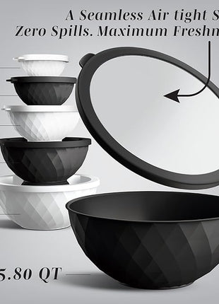 COOK WITH COLOR Mixing Bowls with Lids - 12 Piece Plastic Nesting Bowls Set includes 6 Prep Bowls and 6 Lids, Diamond Design - Microwave Safe, Black and White
