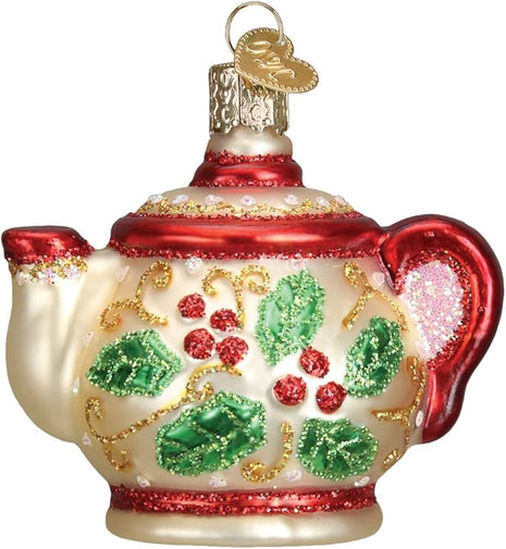 Old World Christmas Ornaments: Coffee and Tea Gifts Glass Blown Ornaments for Christmas Tree, Holly Teapot 3 X 3.25 X 2.25