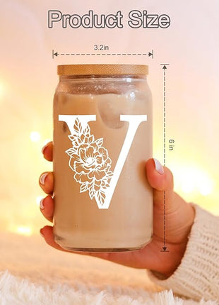 Coolife Initial Glass Cup, Monogrammed Gifts for Women, 16 oz Glass Cups w/Lids Straws, Iced Coffee Smoothie Beer Tumbler w/Straw Lid - Personalized Christmas, Birthday Gifts for Her Mom Friend Woman