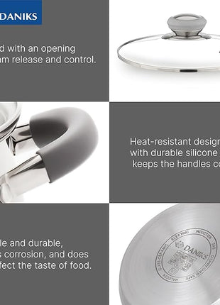 Daniks Modern 6-Piece Stainless Steel Induction Cookware Set – Dishwasher Safe Pots with Heatproof Handles, Glass Lids, Silver