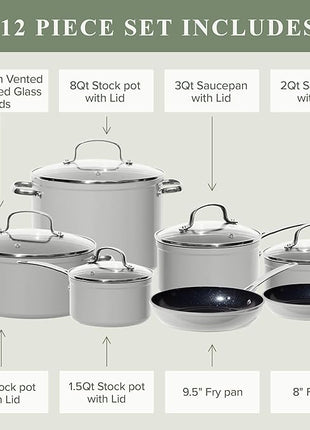 Nuwave Healthy Duralon Blue Ceramic Nonstick Cookware Set, Diamond Infused Scratch-Resistant, PFAS Free, Dishwasher & Oven Safe, Induction Ready & Evenly Heats, Tempered Glass Lids & Stay-Cool Handles