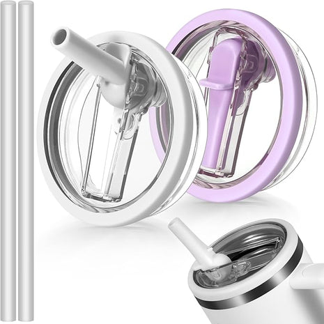 40oz Flip Straw Leak Proof Lid for Stanley H2.0 Quencher Protour Tumbler, 2 Pack Spill Proof Lid Replacement Straw Cover Top for 40 OZ Stanley Cup Accessories (White, Purple)