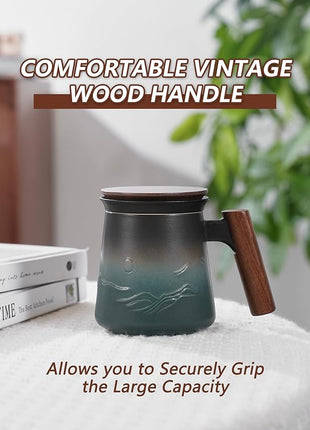 ZENS Embossed Ceramic Tea Mug with Infuser and Lid, 14.5 oz Wooden Handle, Loose Leaf Tea Steeper Cup & Strainer for Tea Lovers Gifts