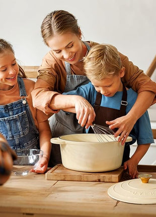 Overmont Enameled Cast Iron Dutch Oven - 5.5QT Pot with Lid Cookbook & Cotton Potholders - Heavy-Duty Cookware for Braising, Stews, Roasting, Bread Baking Cream White