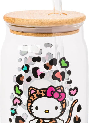 Silver Buffalo Sanrio Hello Kitty Leopard Print Glass Tumbler with Bamboo Lid and Glass Straw, 16 Ounces