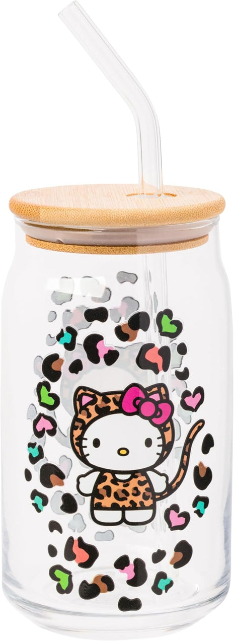 Silver Buffalo Sanrio Hello Kitty Leopard Print Glass Tumbler with Bamboo Lid and Glass Straw, 16 Ounces