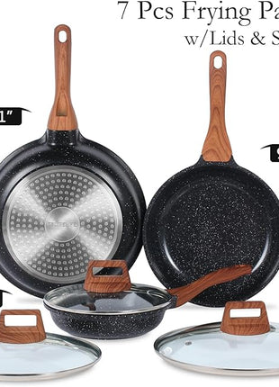 ESLITE LIFE Nonstick Ceramic Frying Pans Skillets Set with Lids, Non-Toxic Egg Omelette Kitchen Cooking Pans Compatible with All Stovetops (Gas, Electric & Induction), PTFE & PFOA Free (Black)