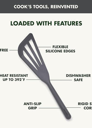 GreenPan Silicone Fish Turner Spatula, Slotted Cooking Kitchen Utensil, Flexible Rubber Nonstick Cookware, Rigid Steel Core, Heat-Resistant, Anti-Slip Handle, BPA-Free, Dishwasher Safe, Gray