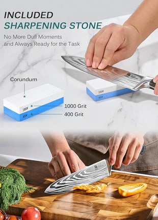 KYOKU 8" Chef Knife, Samurai Series Japanese Chef's Knife with Sharpening Stone, High Carbon Steel Kitchen Knife with Pakkawood Handle Mosaic Pin Gift Box for Meat Vegetable Fruit Chopping Slicing