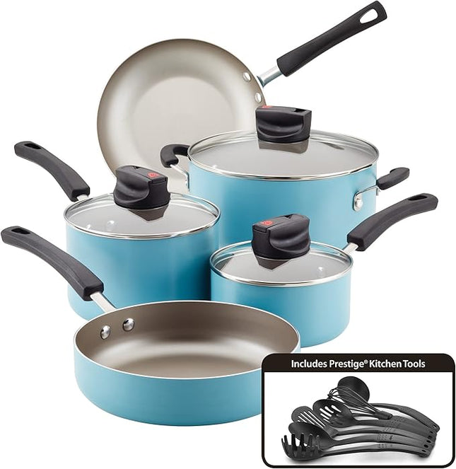 Farberware Smart Control Nonstick Cookware Pots and Pans Set, 14 Piece, Aqua