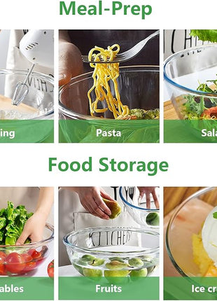 WhiteRhino Glass Mixing Bowl with Lids Set of 4,(1,1.5,2.5,3.7) Large Salad Bowl,Space-Saving Stacking Bowl for Kitchen Food Storage,Glass bowl for Cooking,Baking