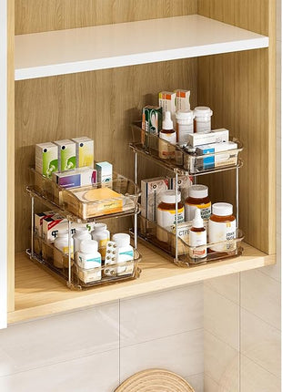 Delamu 2-Tier Under Sink Organizers and Storage, Multi-Purpose Stackable Bathroom Cabinet Organizers, Pull Out Kitchen Pantry Organization and Storage with Dividers Amber, 4 Pack