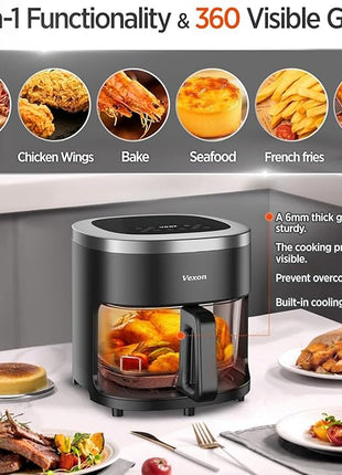 6-IN-1 Glass Air Fryer with 4.5 QT Capacity,Air Fry, Roast, Reheat, Dehydrate, Air Crisp Technology,Nonstick & Dishwasher Safe Basket,97% Less Oil,Features Digital Timer1