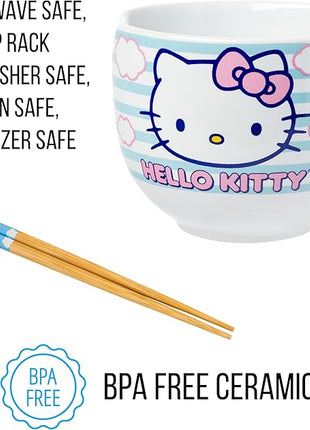 Silver Buffalo Sanrio Hello Kitty Blue and Pink Skies Ceramic Ramen Noodle Rice Bowl with Chopsticks, Microwave Safe, 20 Ounces