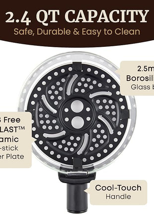 Elite Gourmet EAF2305 Glass Air Fryer, 2.4Qt Capacity, PFAS Free Ceramic Coated Ceralast™ Air Fry Rack, Adjustable Temperature 175°F to 400°F, 30-Minute Timer, 1150-Watts, 15 Recipes, Black