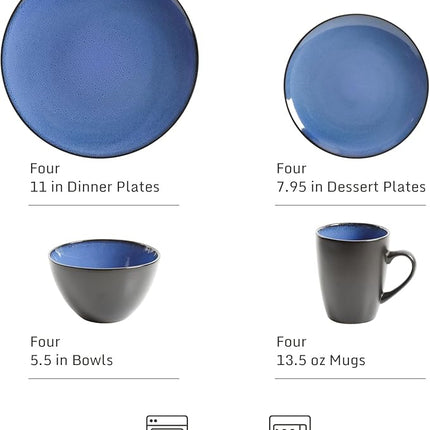 Gibson Elite Soho Lounge Round Reactive Glaze Stoneware Dinnerware Set, Service for 4 (16pc), Blue, Soho Round.