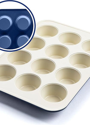 GreenLife 12-Cup Muffin Pan, PFAS-Free Healthy Nonstick Baking Tray, 11.4" x 1.9" x 15.9", Durable Ceramic Bakeware, Cupcakes, Egg Bites, Tarts, Brownies, Blue