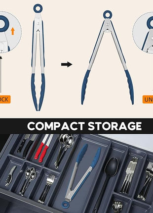 Kitchen Tongs, Set of 3 Stainless Steel Tongs with Silicone Tips Locking Cooking Tongs 600ºF Heat Resistant Tong for Cooking BBQ Grilling Air Fryer Serving Food Salads, 7"+9"+12" Classic Blue