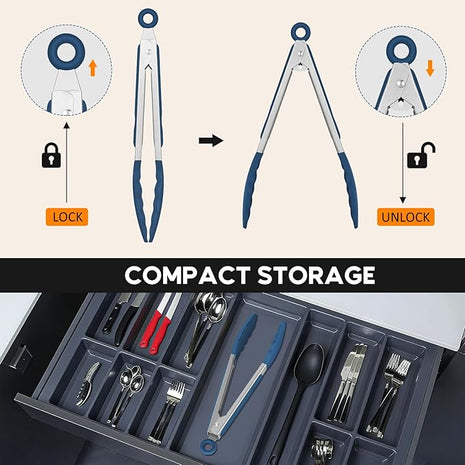 Kitchen Tongs, Set of 3 Stainless Steel Tongs with Silicone Tips Locking Cooking Tongs 600ºF Heat Resistant Tong for Cooking BBQ Grilling Air Fryer Serving Food Salads, 7"+9"+12" Classic Blue