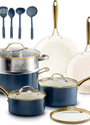Gotham Steel 15 Pc Ceramic Cookware Set Nonstick, Ceramic Pots and Pans Set Non Stick with Steamer & Cooking Utensils, Non Toxic PFOA PFOS Free, Premium Stay Cool Handles, Oven & Dishwasher Safe
