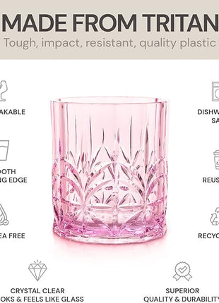BELLAFORTE Shatterproof Tritan Plastic Short Tumbler, Set of 4, 13oz - Myrtle Beach Unbreakable Crystal Cut Old Fashioned Drinking Glasses for Whiskey - BPA Free - Dishwasher Safe - Pink