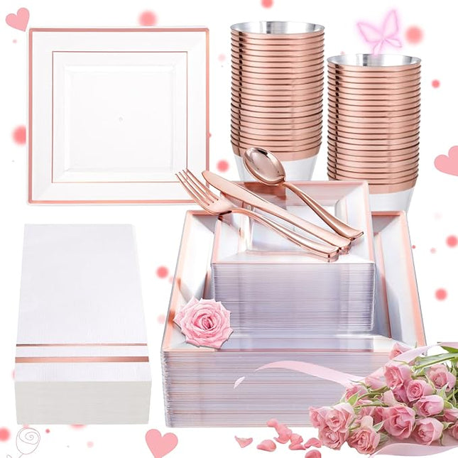 Festiva 350Pcs Rose Gold Plastic Plates - Clear Rose Gold Disposable Dinnerware Sets for 50Guests include 100 Plates 50 Cups 50Plastic Cutlery 50Napkins for Party&Wedding& Valentine's Day