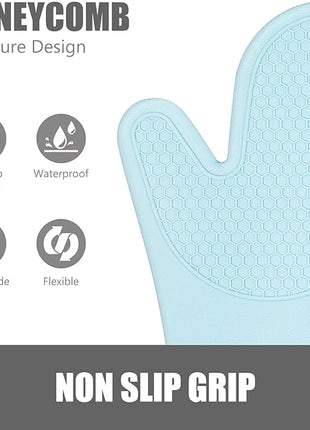 Rorecay 6pcs Oven Mitts and Pot Holders Sets, Extra Long Silicone Oven Gloves Heat Resistant 500 Degrees Non-Slip Potholders Hot Pads for Kitchen Baking Cooking, Quilted Liner, Winter Sky