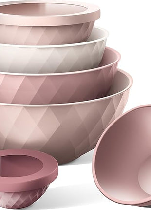 COOK WITH COLOR Mixing Bowls with Lids - 12 Piece Plastic Nesting Bowls Set includes 6 Prep Bowls and 6 Lids, Diamond Design - Microwave Safe, Pink